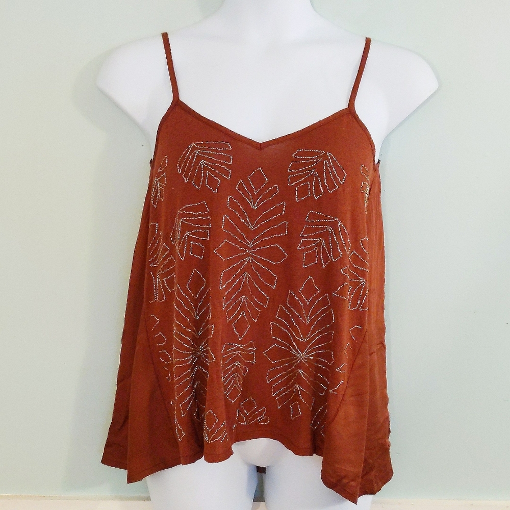 Brown Leaf Beaded Cami with Adjustable Straps